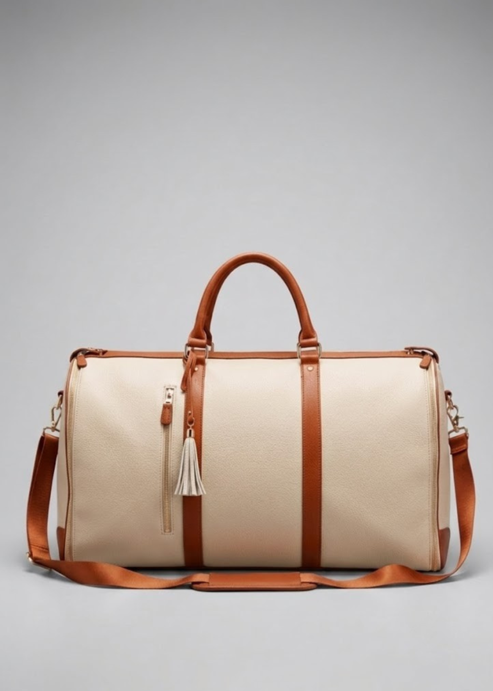 Beige Vegan Leather Garment Duffel Bag front view