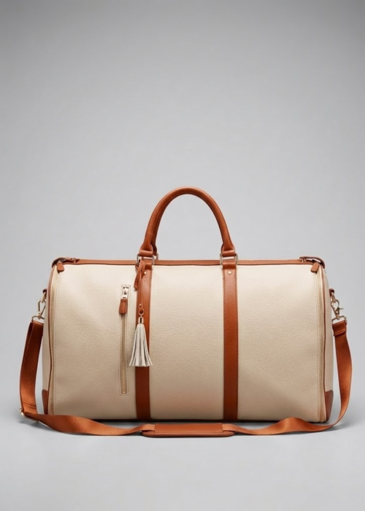 Beige Vegan Leather Garment Duffel Bag front view