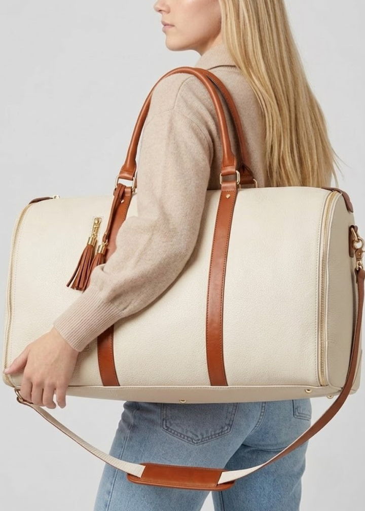 Beige Vegan Leather Garment Duffel Bag carried on shoulder