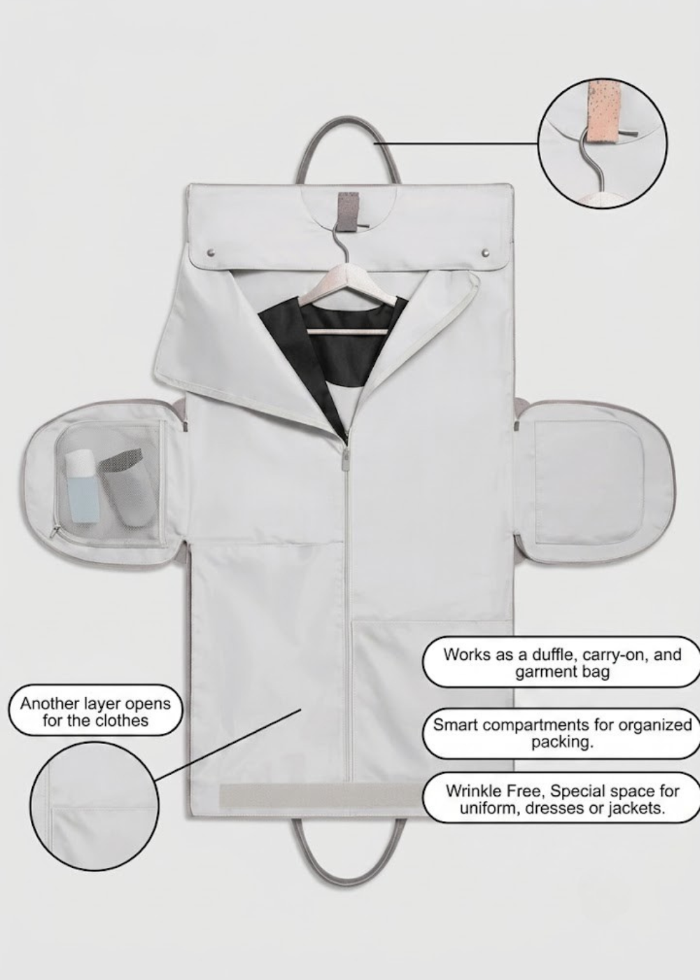 Vegan Leather Garment Duffel Bag opened flat as a garment bag
