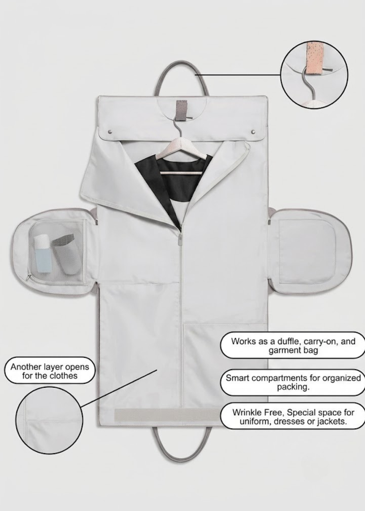 Vegan Leather Garment Duffel Bag opened flat as a garment bag