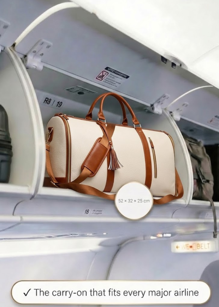 Beige Vegan Leather Garment Duffel Bag in an overhead bin