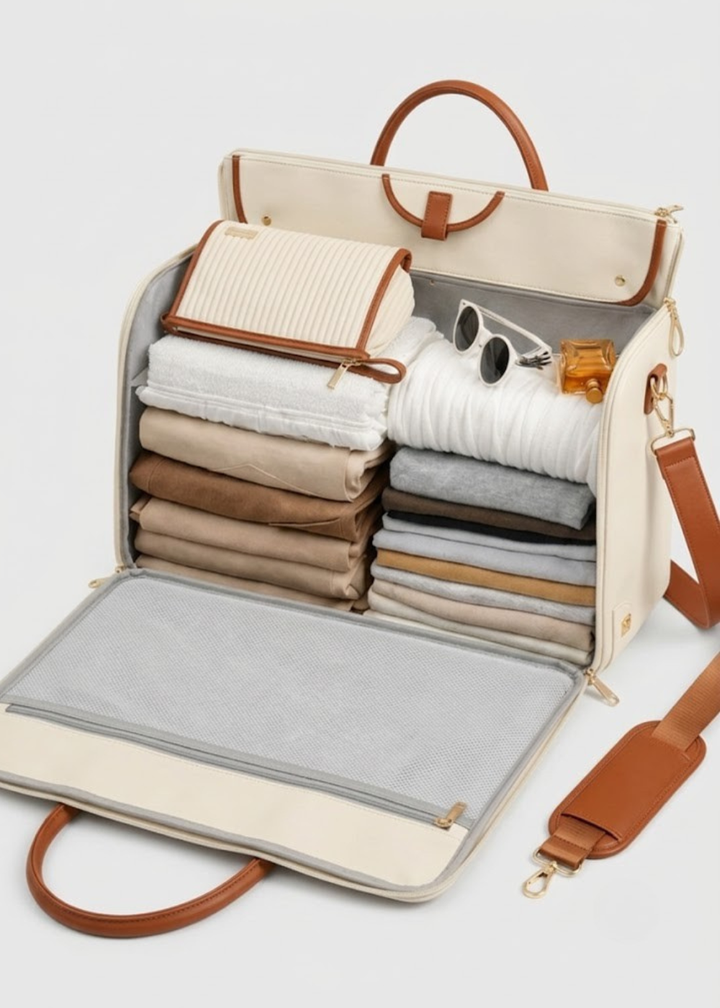 Vegan Leather Garment Duffel Bag packed interior view