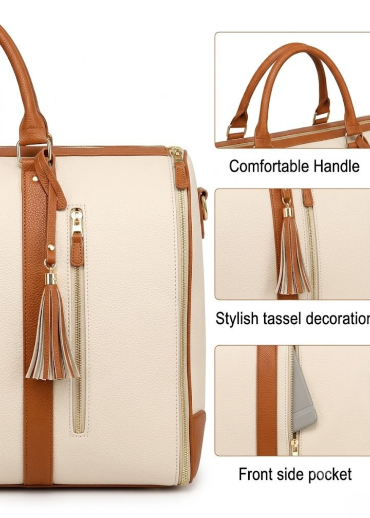 Vegan Leather Garment Duffel Bag handle, tassel and pocket details