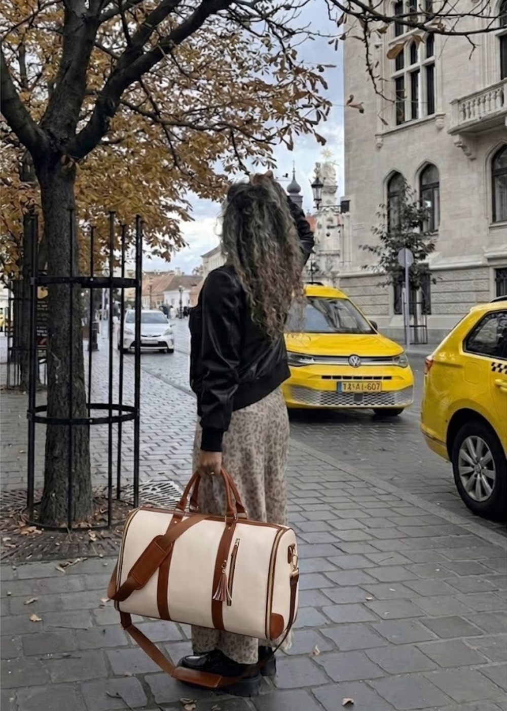 Beige Vegan Leather Garment Duffel Bag street lifestyle