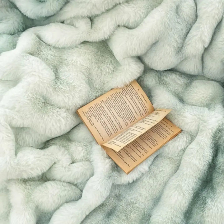 Velvet Angora Fur Throw Blanket styled with matching pillow