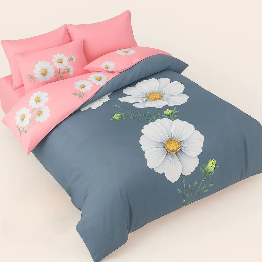 Grey Daisy Print Duvet Cover and Sheet Set on bed