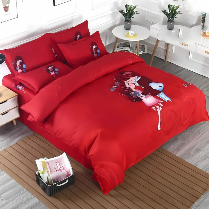 Red Printed Duvet Cover and Sheet Set on bed