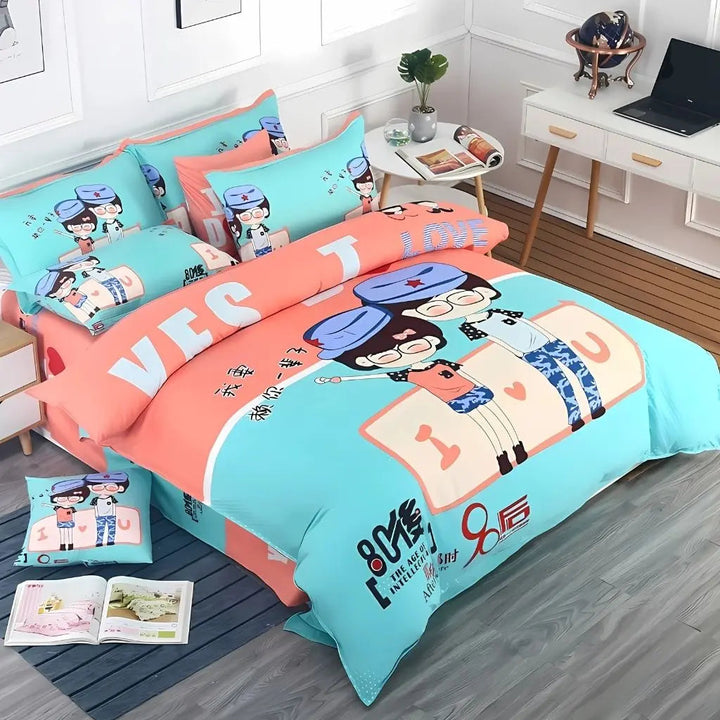 Blue Cartoon Print Duvet Cover and Sheet Set on bed
