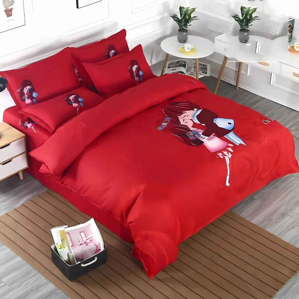 Red Velvet-Touch Printed Duvet Cover Set on bed