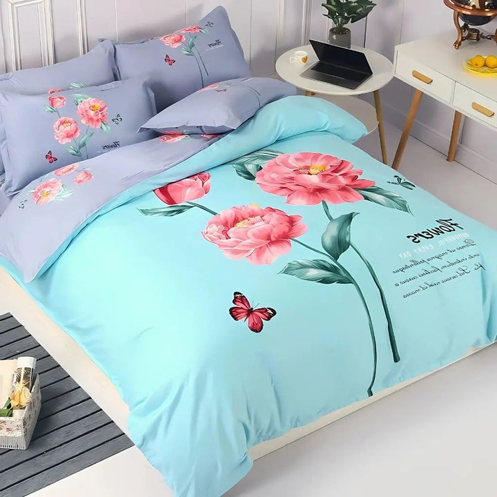 Light Blue Floral Velvet-Touch Duvet Cover Set on bed