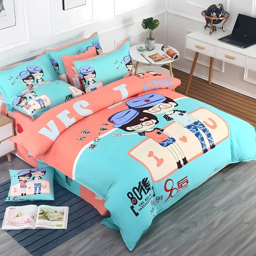 Blue Cartoon Print Velvet-Touch Duvet Cover Set on bed