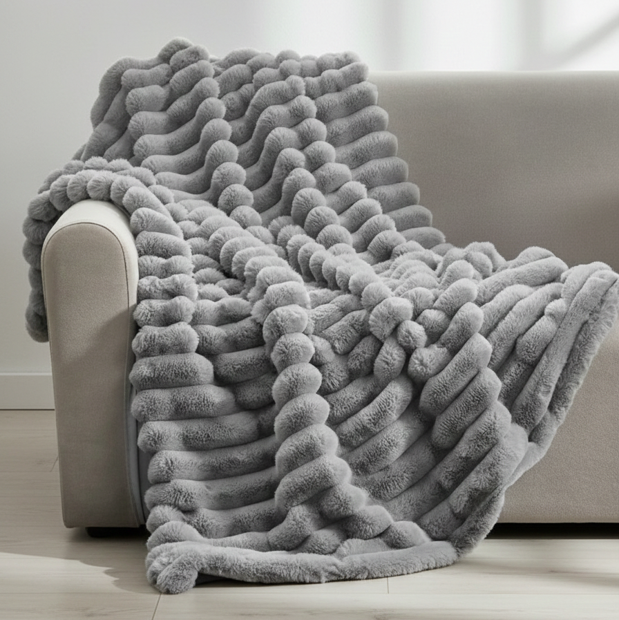 Gray velvety microfleece throw blanket draped over a sofa