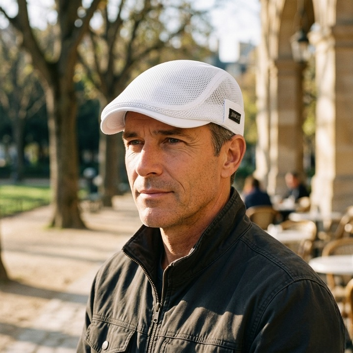 Man wearing ventilated mesh flat cap outdoors
