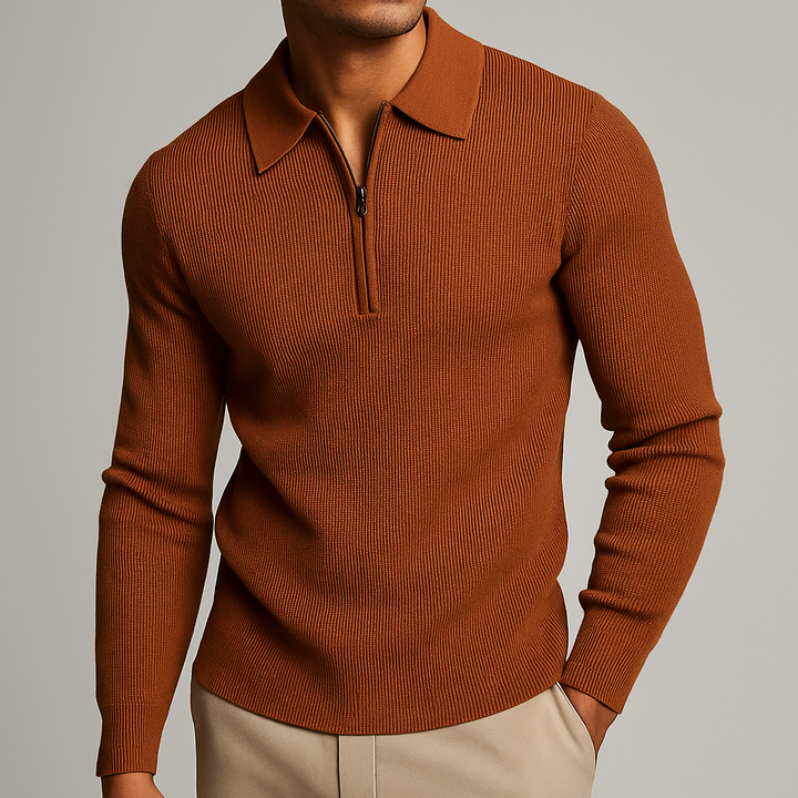 Brown Rib-Knit Quarter Zip Sweater front view