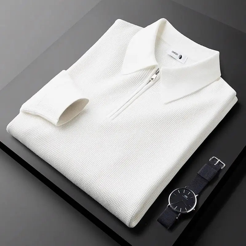 White Rib-Knit Quarter Zip Sweater front view