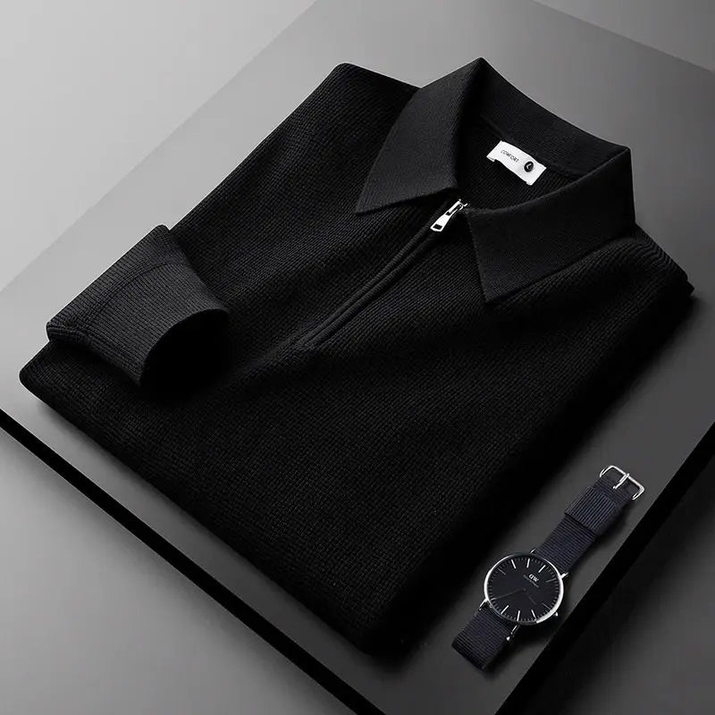Black Rib-Knit Quarter Zip Sweater front view