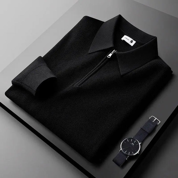 Black Rib-Knit Quarter Zip Sweater front view