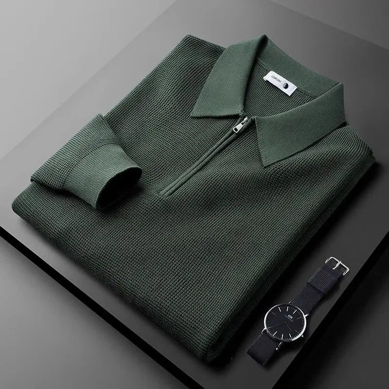 Dark Green Rib-Knit Quarter Zip Sweater front view
