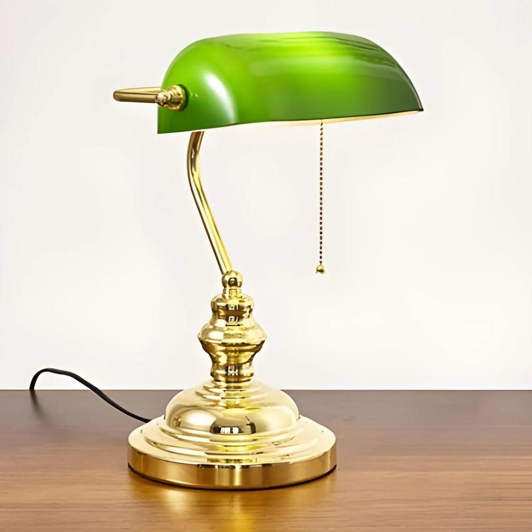 Gold Vintage Brass Banker's Lamp with green glass shade