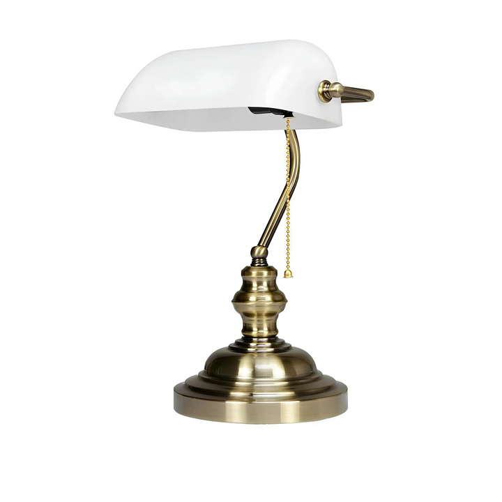 Antique bronze Vintage Brass Banker's Lamp with white glass shade