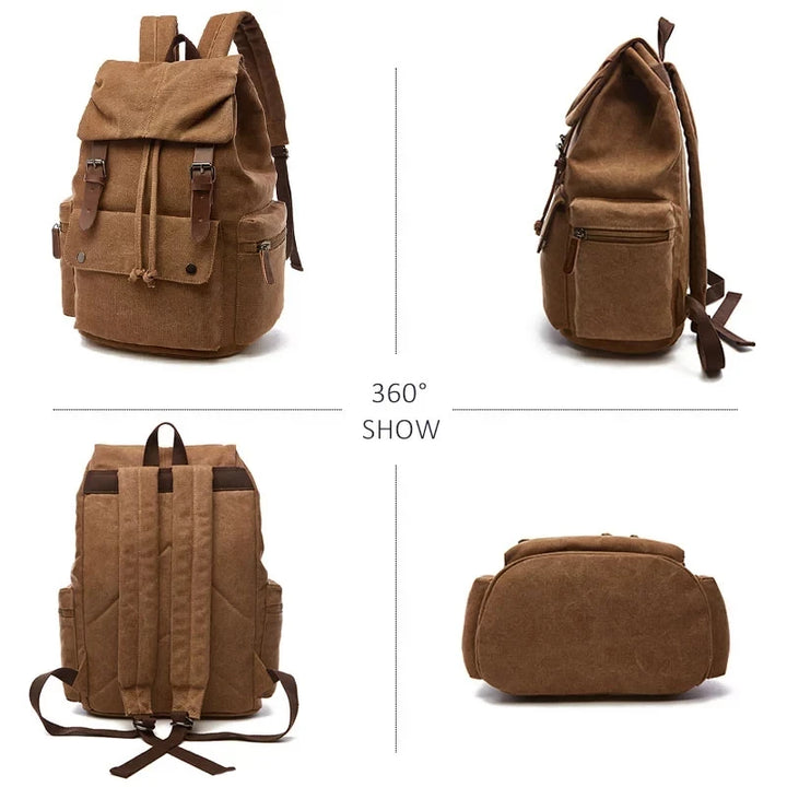 Vintage Canvas Travel Backpack - Coffee, 360 Degree View