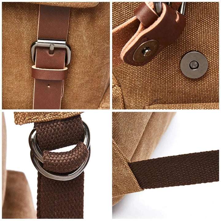 Vintage Canvas Travel Backpack - Leather Trim and Buckle Details