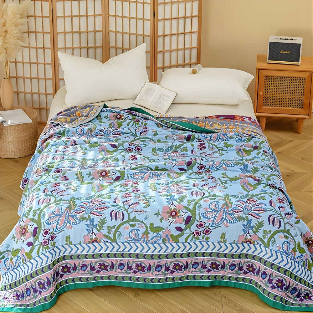 Blue Blossom Vintage Floral Jacquard Cotton Bedspread on a bed