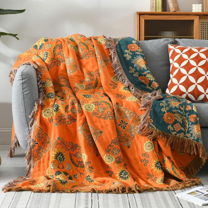 Vintage Marigold Cotton Gauze Throw over a sofa