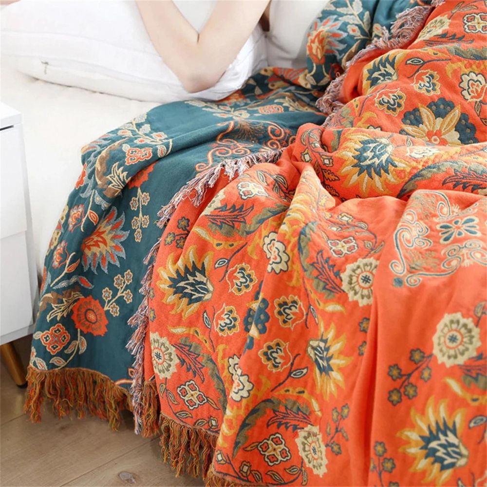 Vintage Marigold Cotton Gauze Throw showing the teal reverse face
