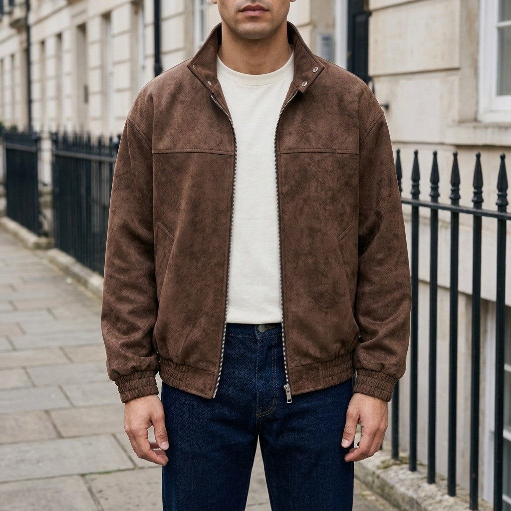 Coffee Vintage Suede Jacket worn lifestyle