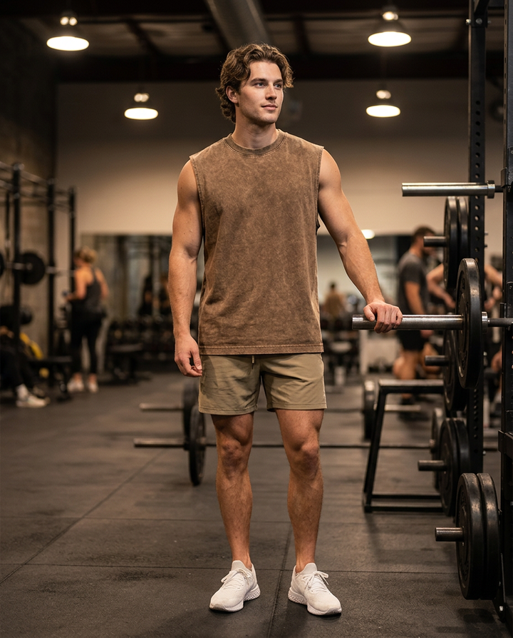 Brown Vintage-Wash Cotton Tank worn in gym