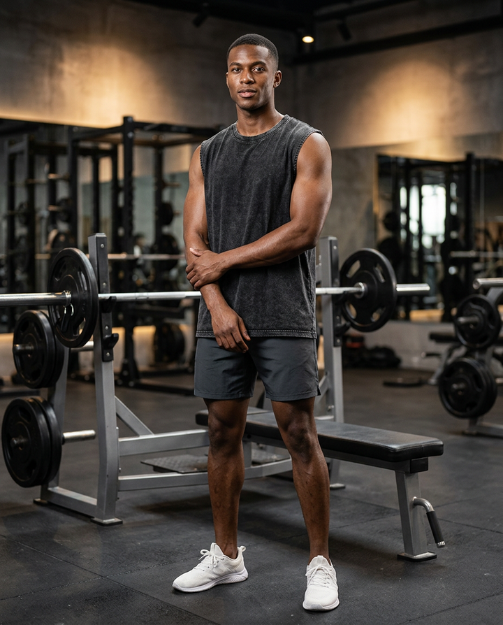 Black Vintage-Wash Cotton Tank worn in gym