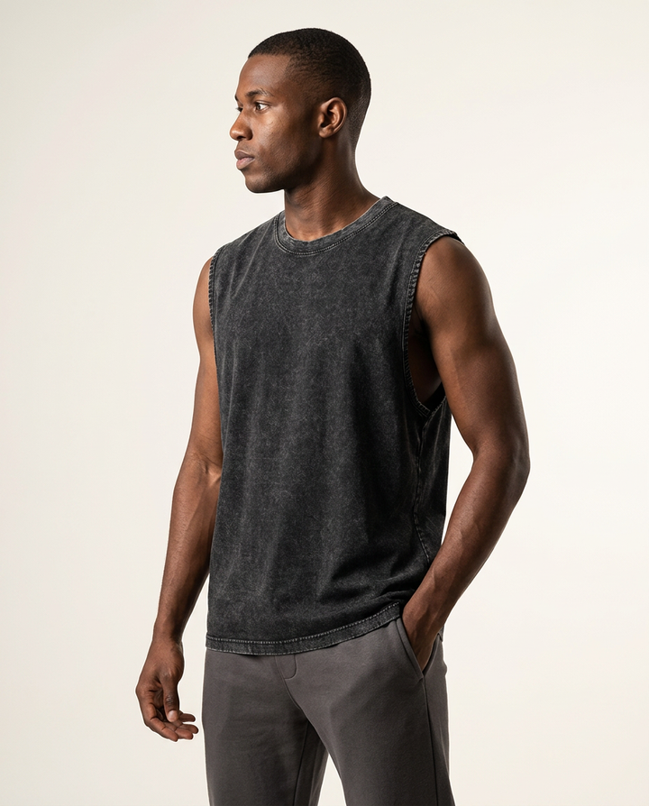 Black Vintage-Wash Cotton Tank side view