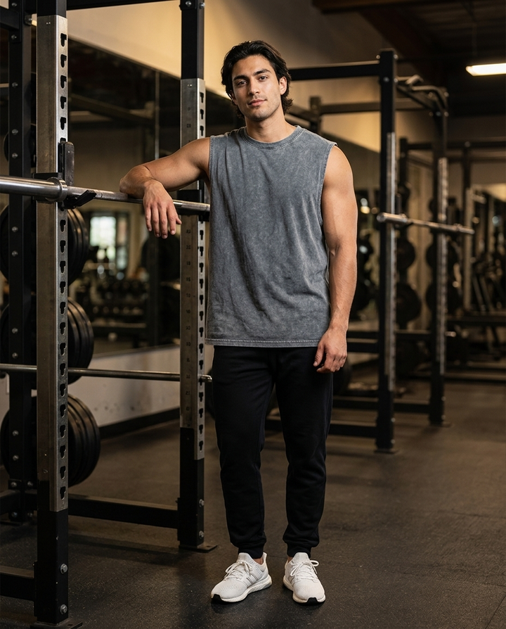 Grey Vintage-Wash Cotton Tank worn in gym