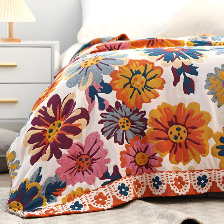 Vivid Floral Cotton Throw sunflower and daisy print detail
