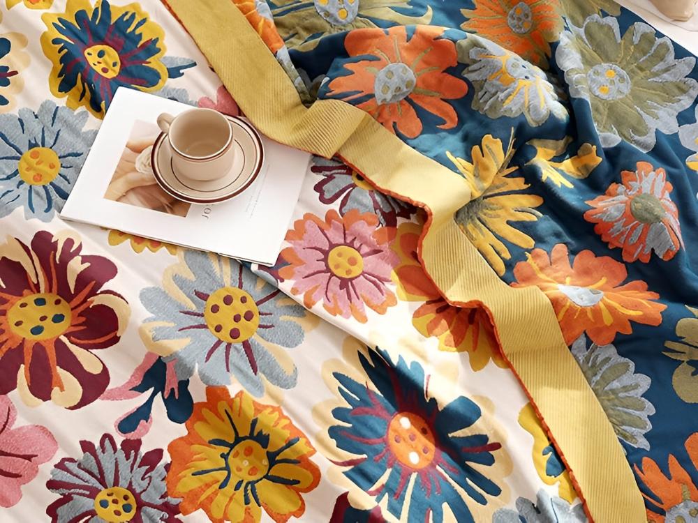 Vivid Floral Cotton Throw fabric texture detail