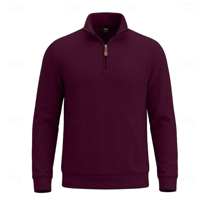Diagonal Rib Quarter-Zip Sweater with Stand Collar