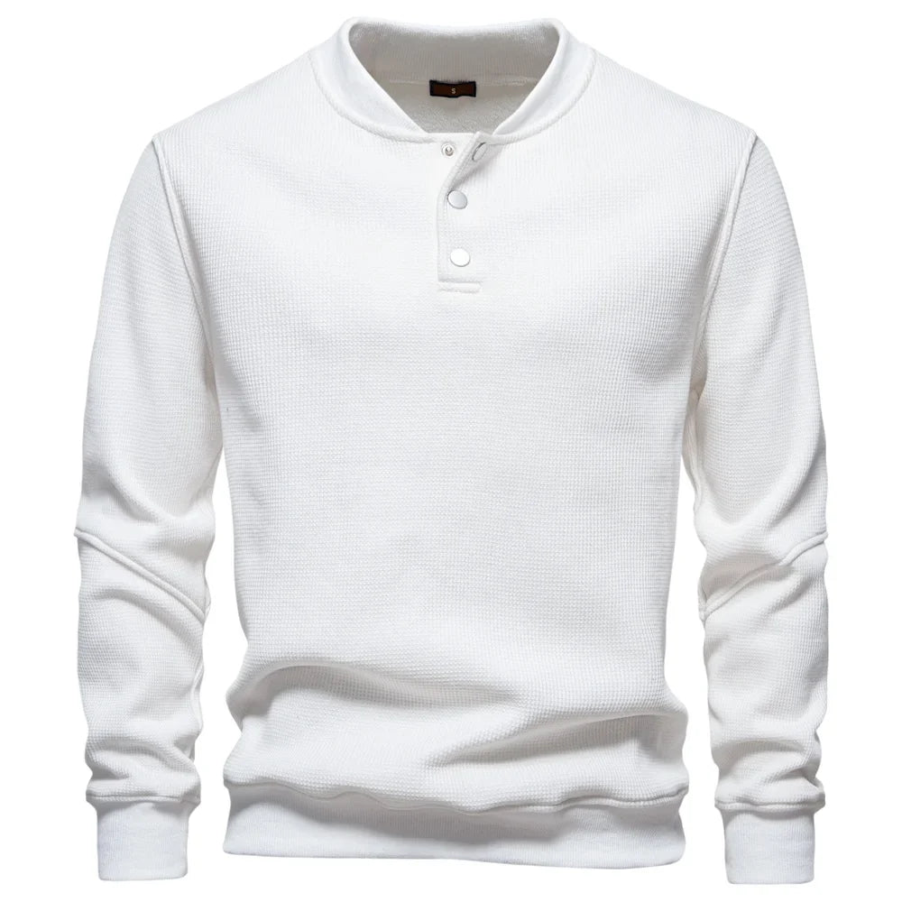 White Waffle-Knit Long Sleeve Henley front view