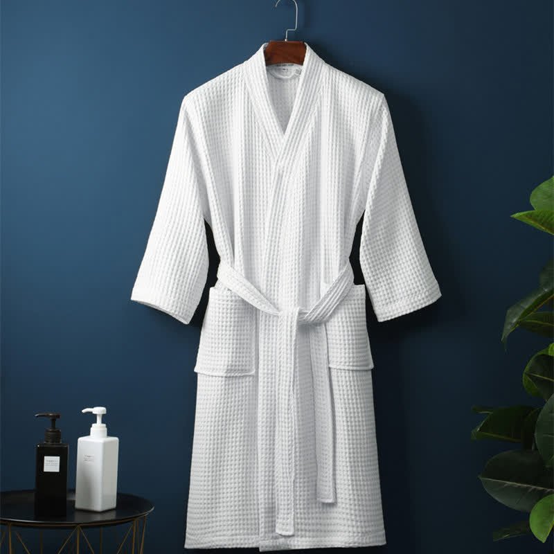 White Waffle Weave Cotton Robe front view