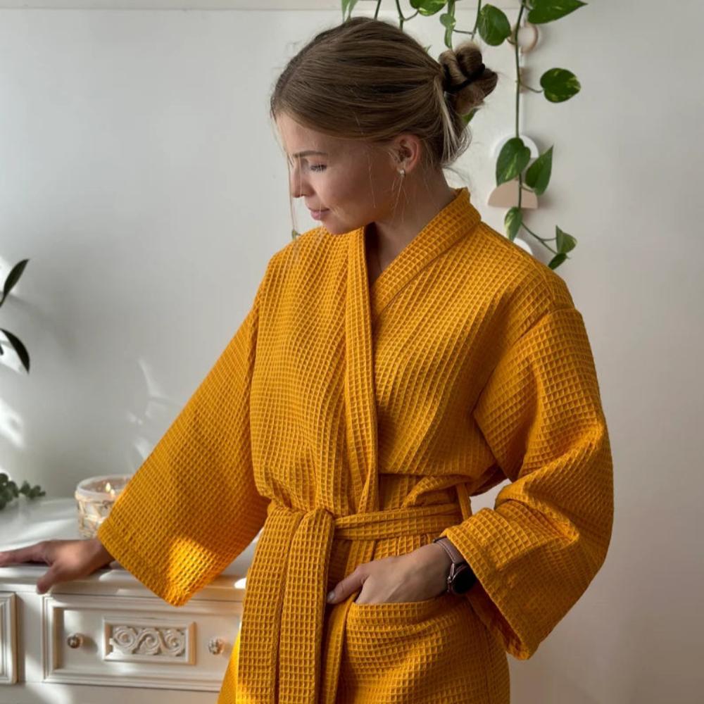 Yellow Waffle Weave Cotton Robe side view