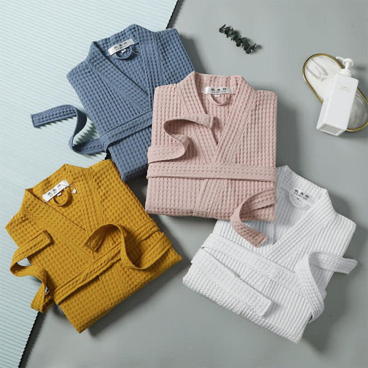 Yellow Waffle Weave Cotton Robe V-neck collar detail
