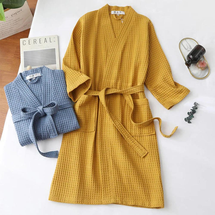 Yellow Waffle Weave Cotton Robe worn with tie belt