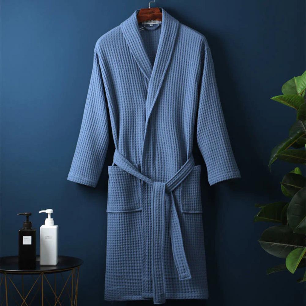 Blue Waffle Weave Cotton Robe front view