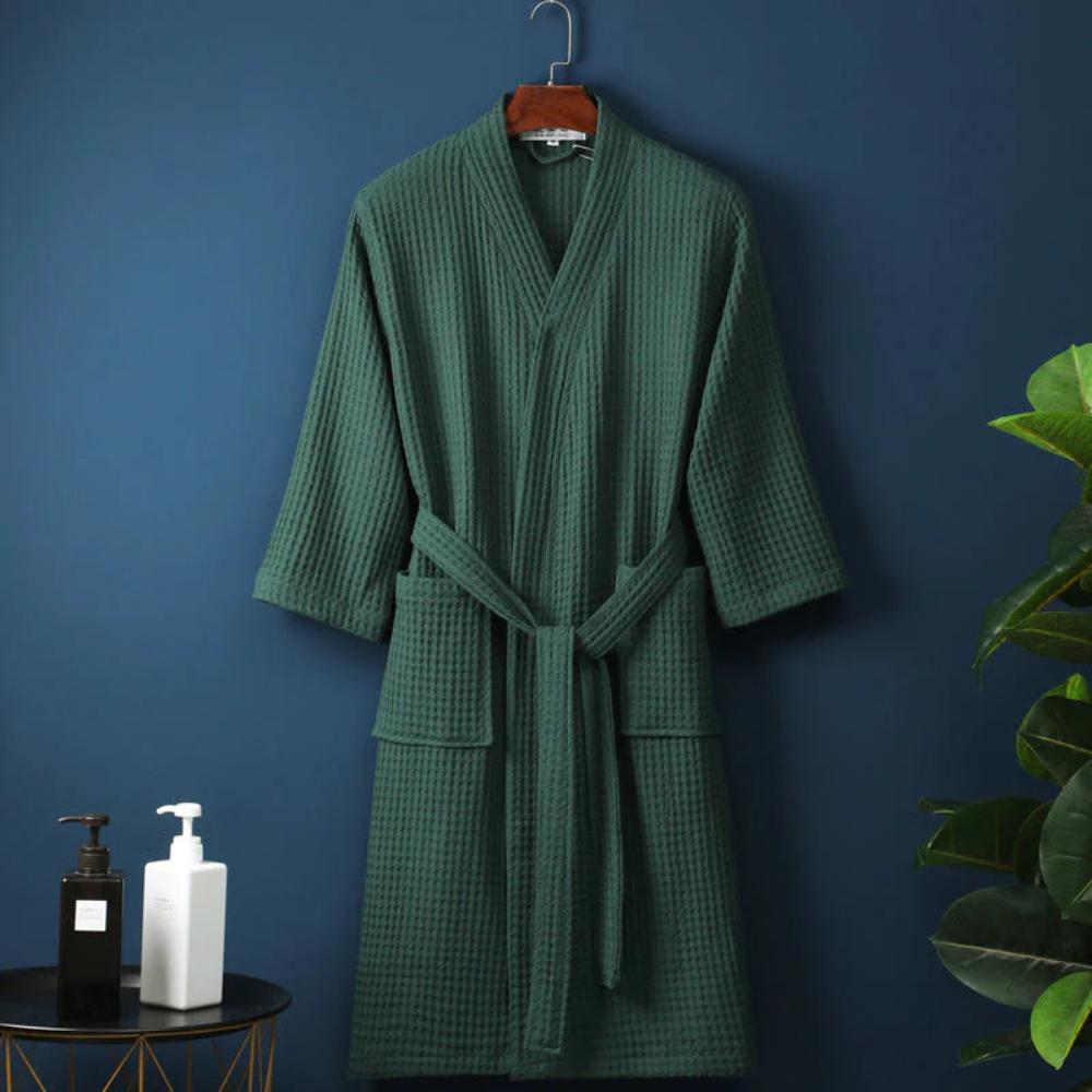 Green Waffle Weave Cotton Robe front view