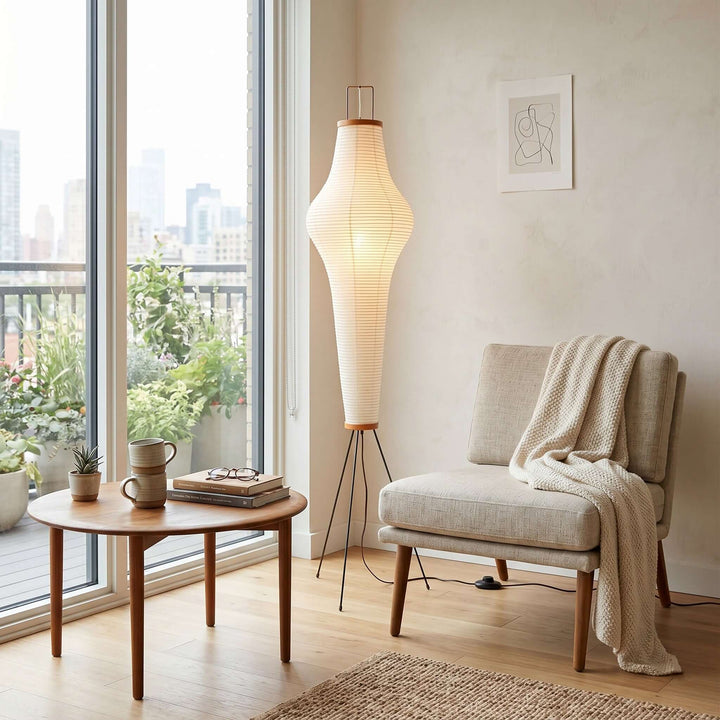 Washi Paper Column Floor Lamp beside lounge chair
