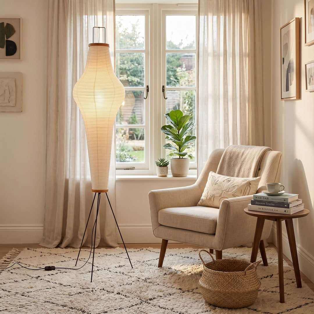 Washi Paper Column Floor Lamp in reading corner