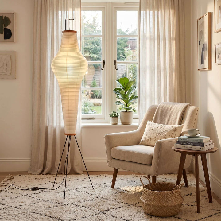 Washi Paper Column Floor Lamp in reading corner