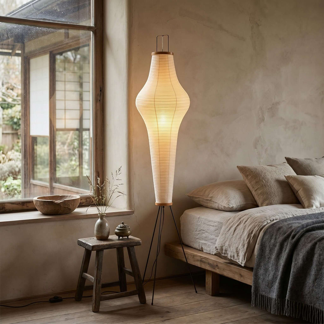 Washi Paper Column Floor Lamp beside platform bed