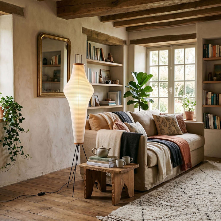 Washi Paper Column Floor Lamp in rustic living room